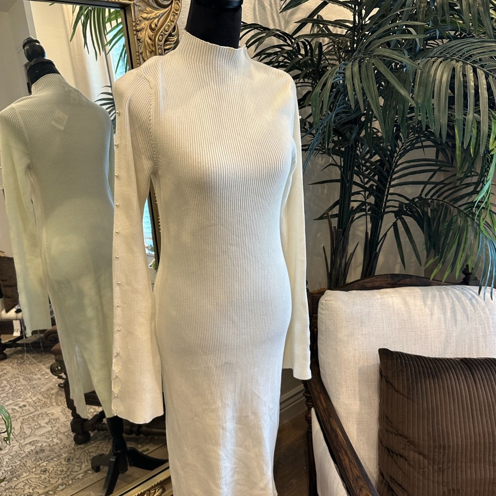 Elegant Cream Knit and Pearl Dress size L